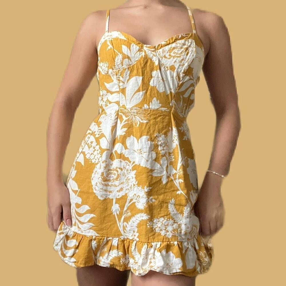 Wild Fable Mustard Yellow Floral Sleeveless Spaghetti Strap Dress size M